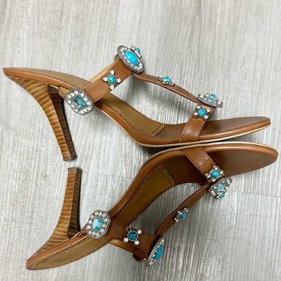 FRANCO SARTO Jewelled Leather Slide Heeled Sandals 7.5 - Picture 3 of 11